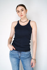Dorothee Schumacher Ribbed Cotton Tank Top with Rhinestone Details in Navy Vancouver. Shop Online or in Store.