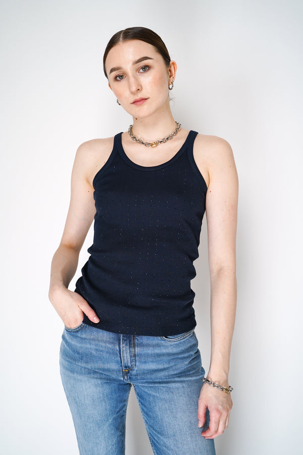 Dorothee Schumacher Ribbed Cotton Tank Top with Rhinestone Details in Navy Vancouver. Shop Online or in Store.
