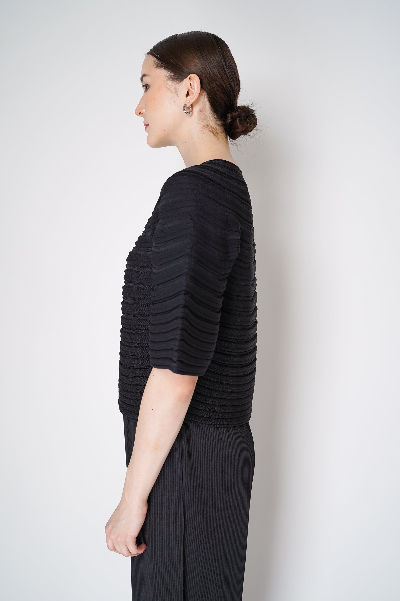 Pleats Please Issey Miyake Mushroom Knit Ribbed Top in Black