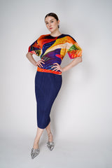Pleats Please Issey Miyake Voyager Top with Balloon Sleeves in Multicolour Print Vancouver. Shop Online or in Store. 
