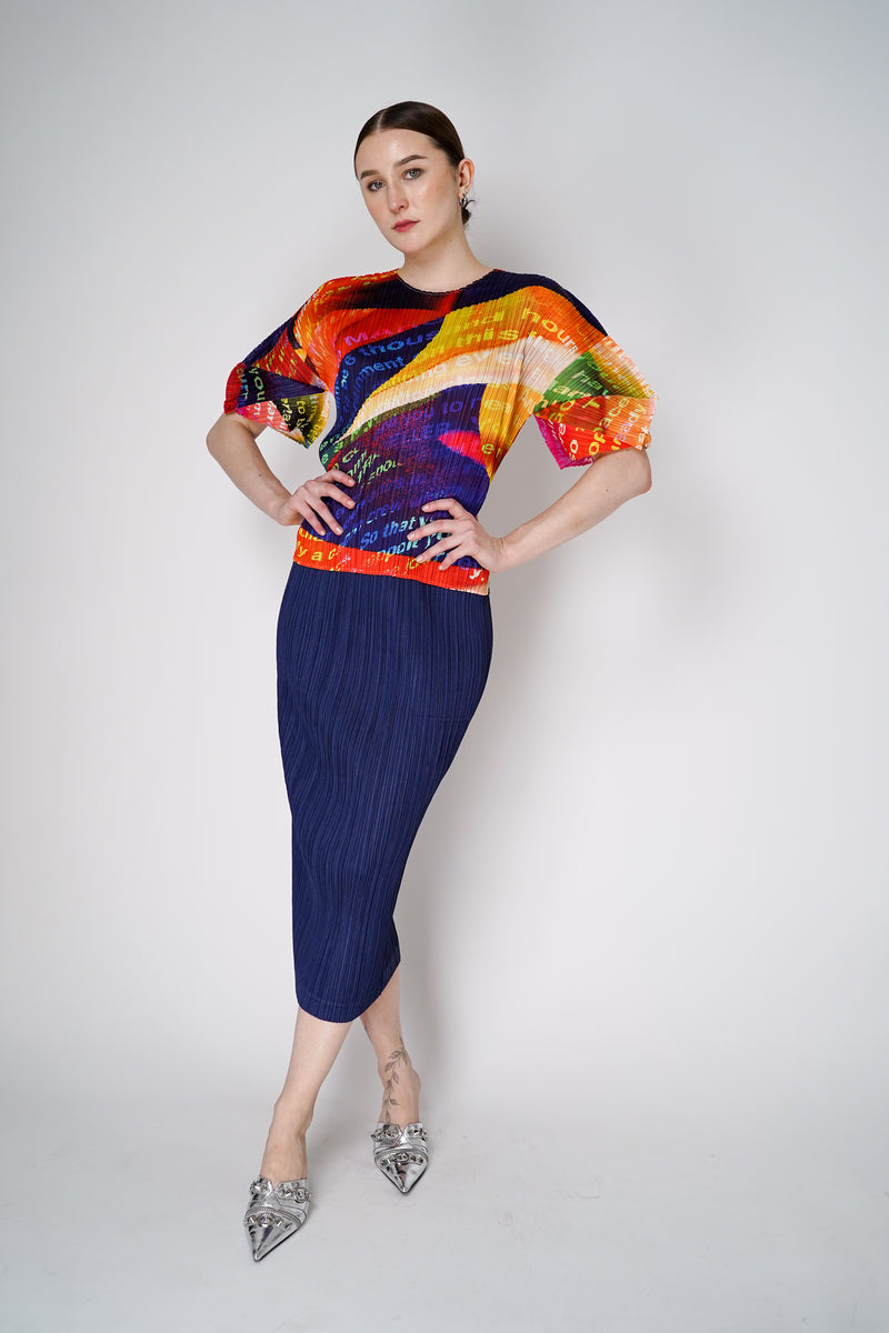 Pleats Please Issey Miyake Voyager Top with Balloon Sleeves in Multicolour Print Vancouver. Shop Online or in Store. 