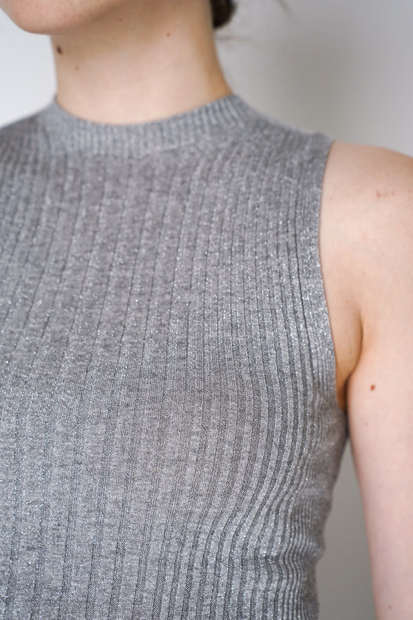 Peserico Knitted Rib Stretch Viscose Sleeveless Top with Lurex Details in Grey Vancouver. Shop Online or in Store.