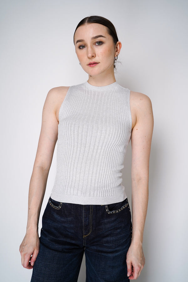 Peserico Knitted Rib Stretch Viscose Sleeveless Top with Lurex Details in Silver Vancouver. Shop Online or in Store.
