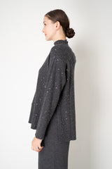 Lorena Antoniazzi Wool Cashmere Knit Mock Neck Sequin Sweater with High Slits in Grey Vancouver. Shop Online or in Store.
