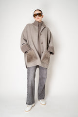 Manzoni 24 Cape-Style Herringbone Coat with Shearling Pockets in Taupe