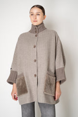 Manzoni 24 Cape-Style Herringbone Coat with Shearling Pockets in Taupe