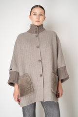 Manzoni 24 Cape-Style Herringbone Coat with Shearling Pockets in Taupe