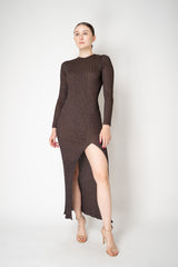 Missoni Long Sleeve Ribbed Knit Lurex Maxi Dress with Slit in Brown
