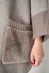 Manzoni 24 Cape-Style Herringbone Coat with Shearling Pockets in Taupe