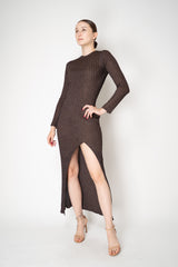Missoni Long Sleeve Ribbed Knit Lurex Maxi Dress with Slit in Brown