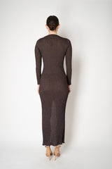 Missoni Long Sleeve Ribbed Knit Lurex Maxi Dress with Slit in Brown