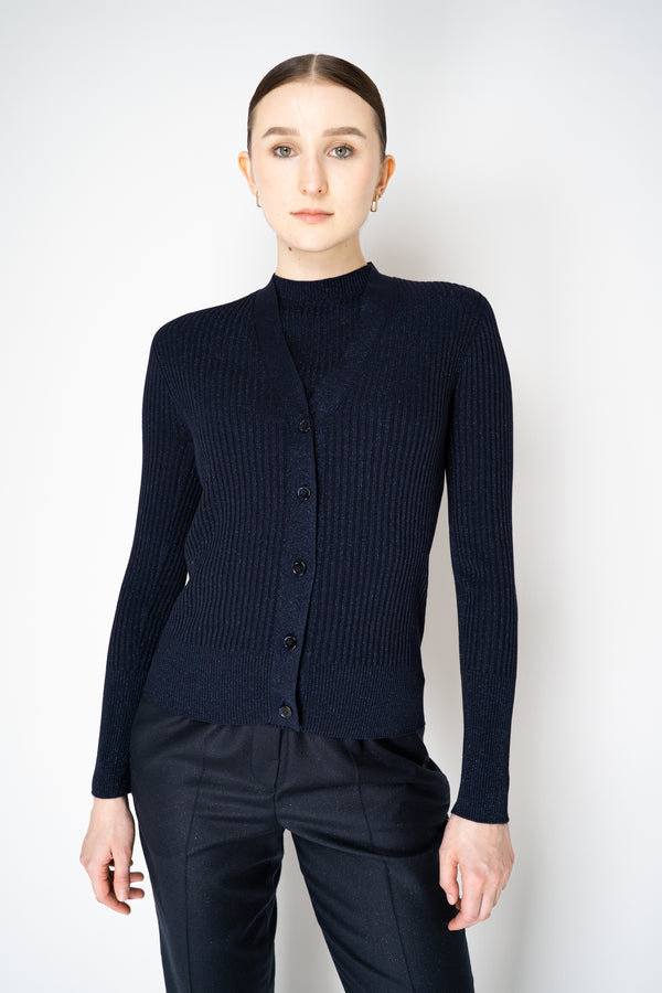 Peserico Ribbed Knit Viscose Cardigan with Lurex Details in Navy Vancouver. Shop Online or in Store