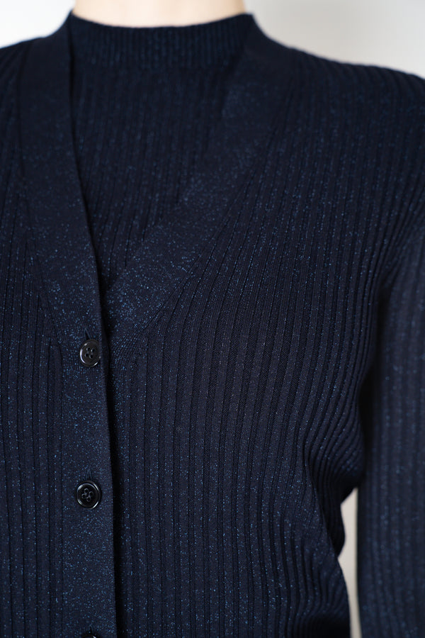 Peserico Ribbed Knit Viscose Cardigan with Lurex Details in Navy Vancouver. Shop Online or in Store