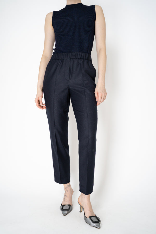 Peserico Pull-On Style Wool Flannel Trousers with Lurex Details in Navy Vancouver. Shop Online or in Store