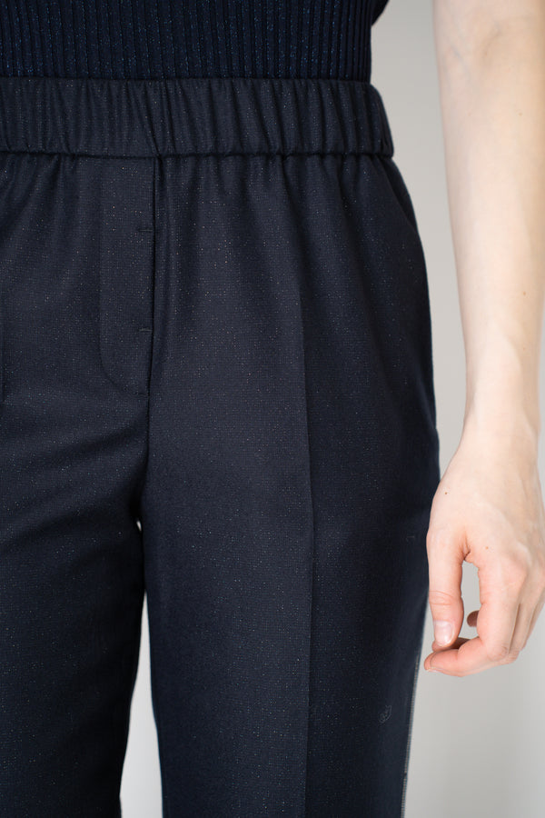 Peserico Pull-On Style Wool Flannel Trousers with Lurex Details in Navy Vancouver. Shop Online or in Store