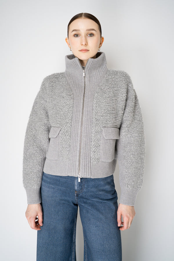 Peserico Silk Wool Fur Stitch Chunky Knit Jacket with Lurex Details in Light Grey Vancouver. Shop Online or in Store