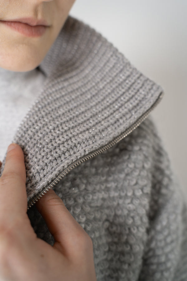 Peserico Silk Wool Fur Stitch Chunky Knit Jacket with Lurex Details in Light Grey Vancouver. Shop Online or in Store