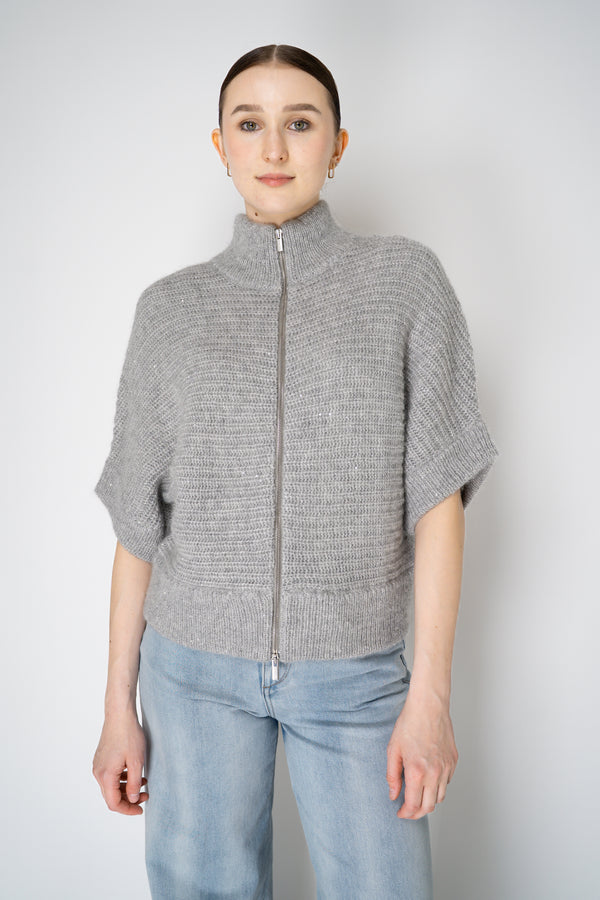 Peserico Chunky Knit Alpaca Blend Cardigan Poncho with Micro Sequins in Light Grey Vancouver. Shop Online or in Store