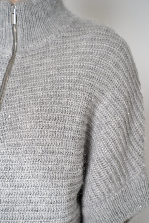 Peserico Chunky Knit Alpaca Blend Cardigan Poncho with Micro Sequins in Light Grey Vancouver. Shop Online or in Store