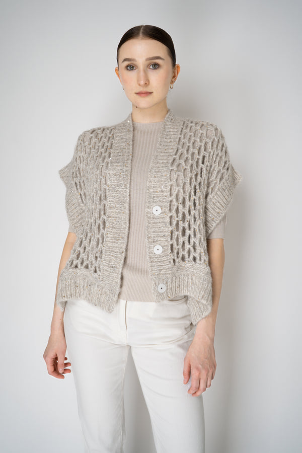 Peserico Alpaca Blend Knitted Net Poncho Cardigan with Sequin Details in Beige Vancouver. Shop Online or in Store