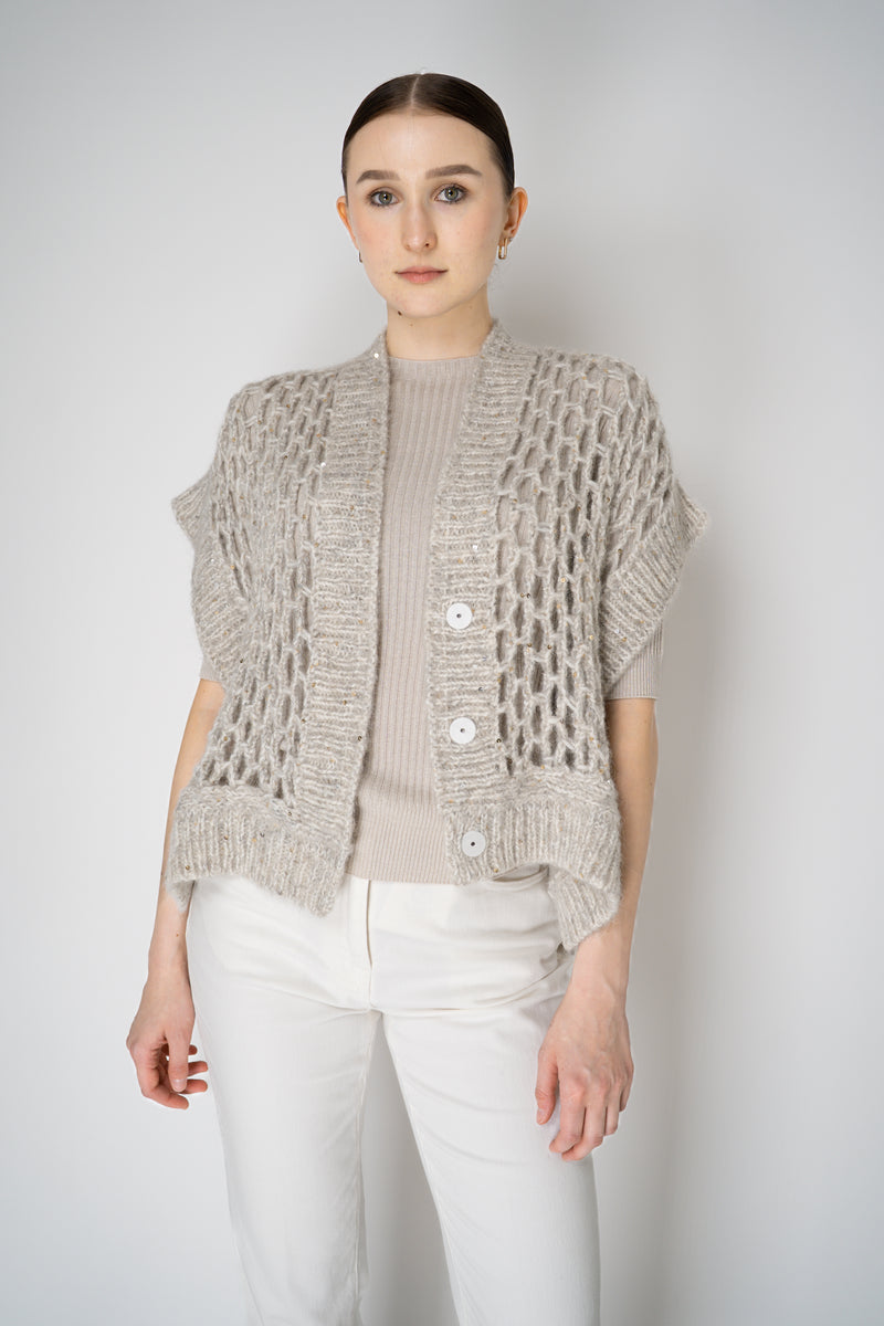 Peserico Alpaca Blend Knitted Net Poncho Cardigan with Sequin Details in Beige Vancouver. Shop Online or in Store