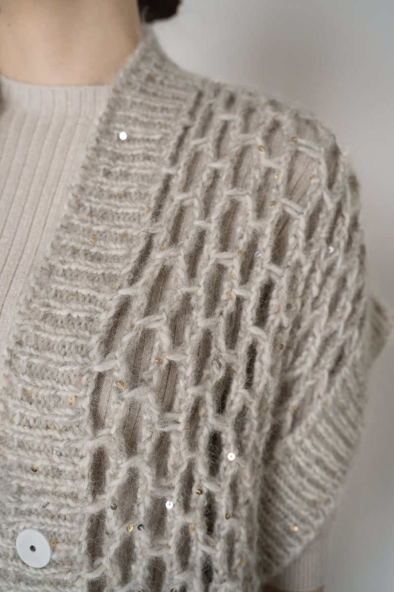 Peserico Alpaca Blend Knitted Net Poncho Cardigan with Sequin Details in Beige Vancouver. Shop Online or in Store