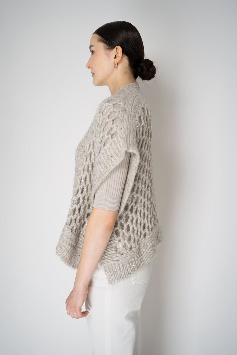 Peserico Alpaca Blend Knitted Net Poncho Cardigan with Sequin Details in Beige Vancouver. Shop Online or in Store