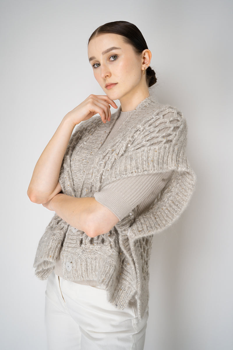 Peserico Alpaca Blend Knitted Net Poncho Cardigan with Sequin Details in Beige Vancouver. Shop Online or in Store