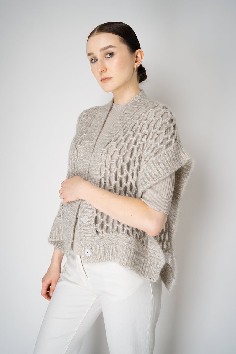 Peserico Alpaca Blend Knitted Net Poncho Cardigan with Sequin Details in Beige Vancouver. Shop Online or in Store