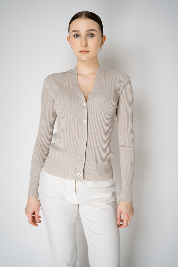 Peserico Ribbed Knit Viscose Cardigan with Lurex Details in Sand Vancouver. Shop Online or in Store