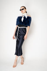 Dorothee Schumacher Merino-Cashmere Shrug with Feathers in Navy Vancouver. Shop Online or in Store