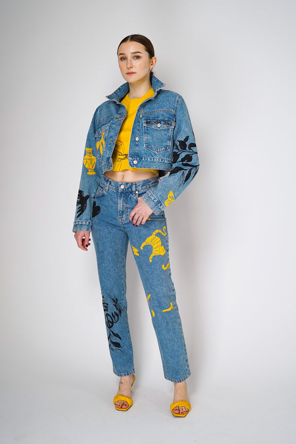 Moschino Jeans Cropped Denim Jacket with Printed Patch Work Vancouver. Shop Online or in Store.