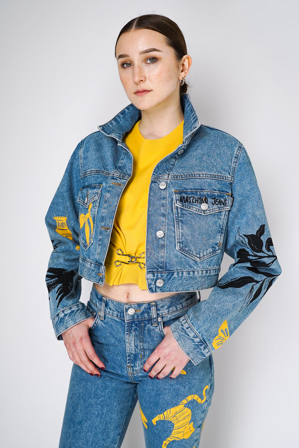 Moschino Jeans Cropped Denim Jacket with Printed Patch Work Vancouver. Shop Online or in Store.