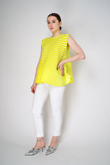 Pleats Please Issey Miyake Bounce Knit Wide Bottom Ribbed Sleeveless Top in Neon Yellow Vancouver. Shop Online or in Store.