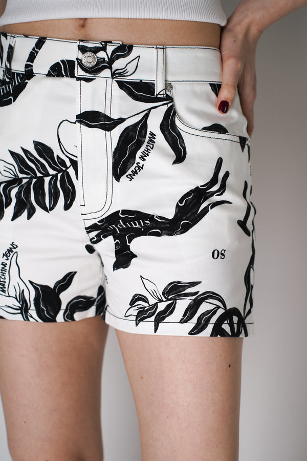 Moschino Jeans Denim Shorts in White and Black Nature Inspired Print Vancouver. Shop Online or in Store.