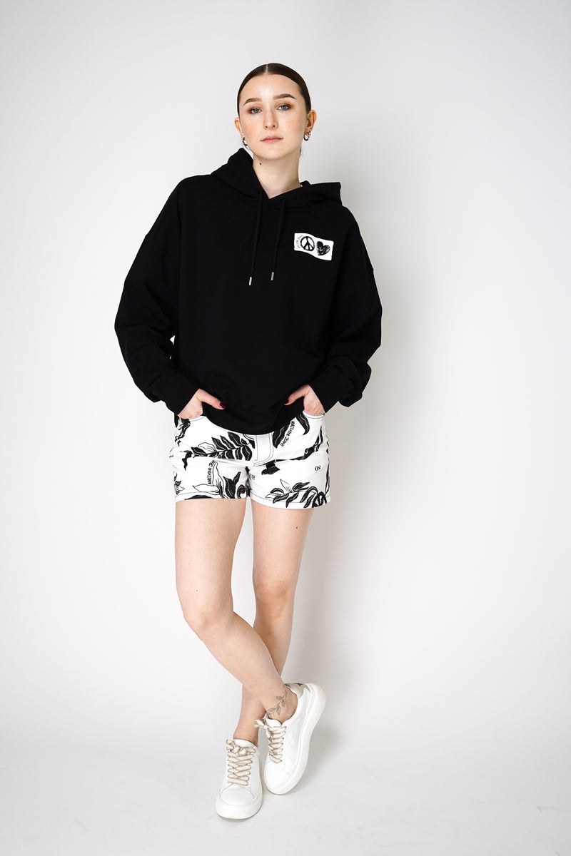 Moschino Jeans Denim Shorts in White and Black Nature Inspired Print Vancouver. Shop Online or in Store.