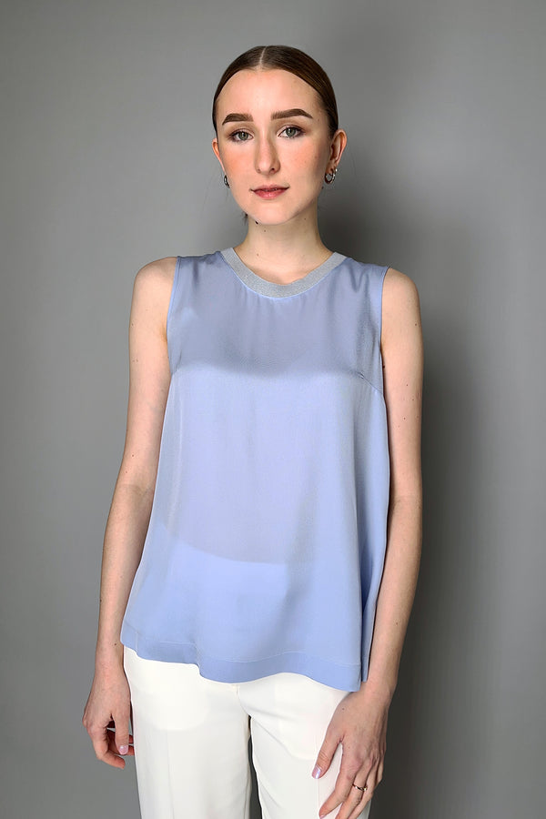 Lorena Antoniazzi Silk Tank Top with Knit Collar in Sky Blue Vancouver. Shop Online or in Store.