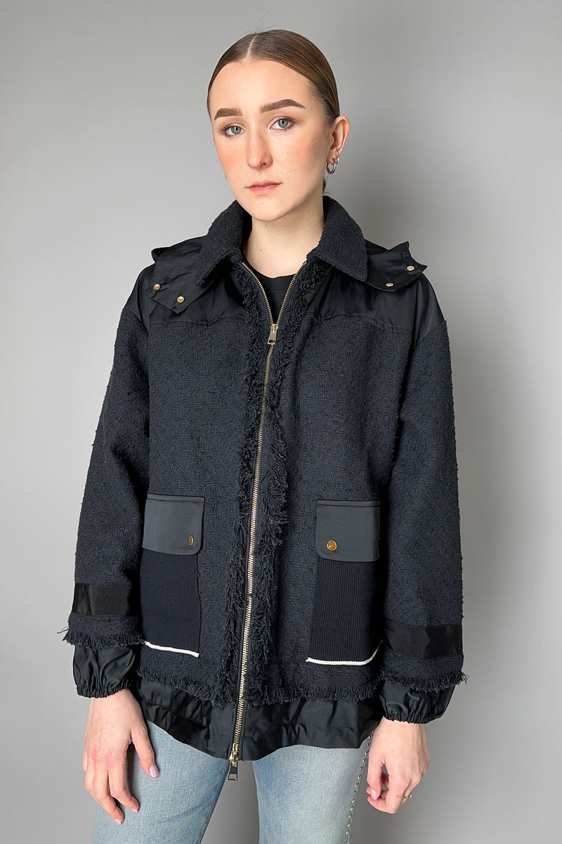 Lorena Antoniazzi Hooded Tweed and Taffeta Jacket in Black- Ashia Mode- Vancouver, BC
