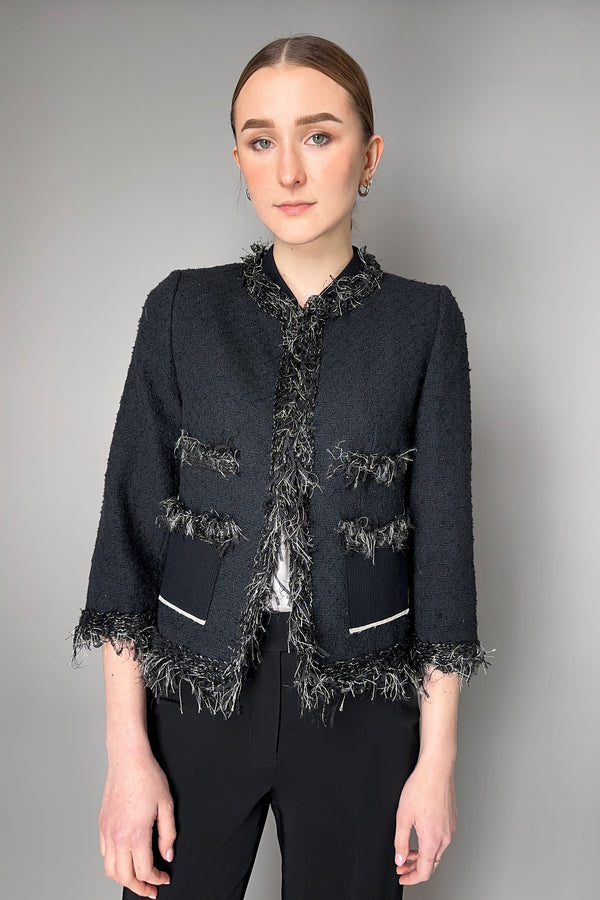 Lorena Antoniazzi Tweed and Fringe Cotton Jacket in Black- Ashia Mode- Vancouver, BC