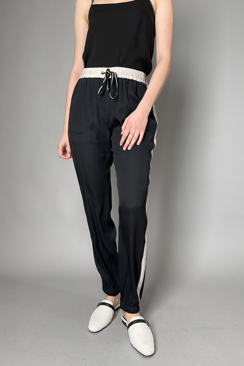 Lorena Antoniazzi Silk Jogger Pants in Black and Beige Vancouver. Shop Online or in Store.