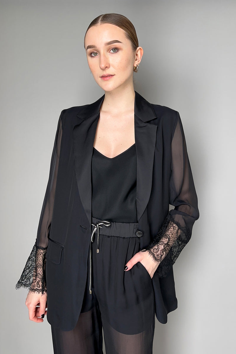 Lorena Antoniazzi Silk Chiffon Blazer with Lace in Black