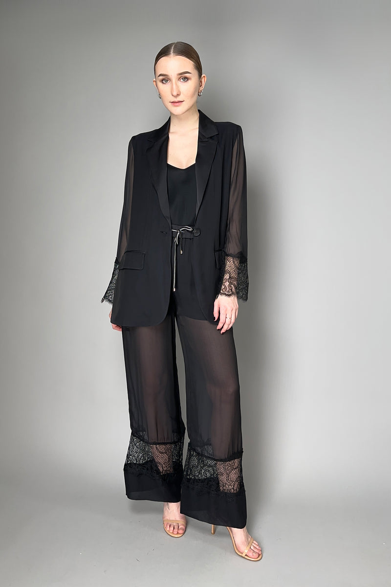Lorena Antoniazzi Silk Chiffon Pants with Lace Detail in Black Vancouver. Shop Online or in Store.