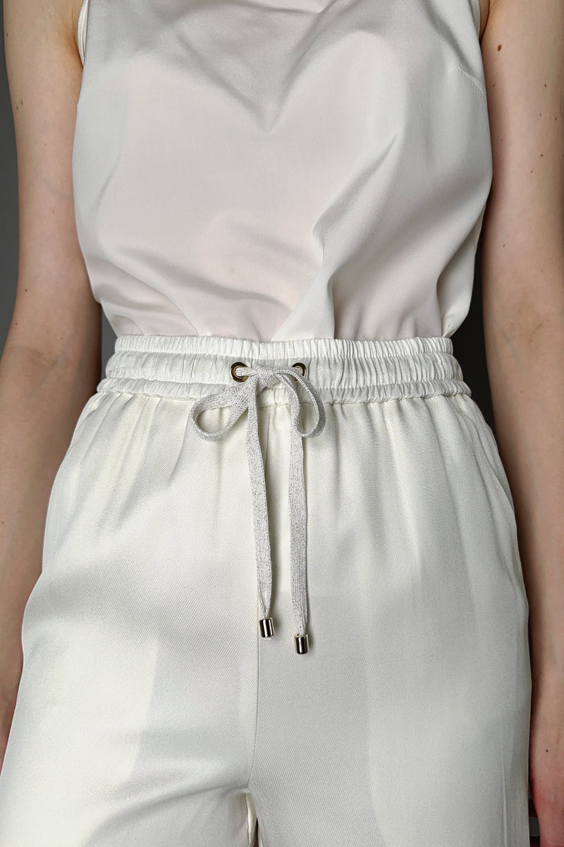 Lorena Antoniazzi Wide Leg Silk Drawstring Pants in Pearl White