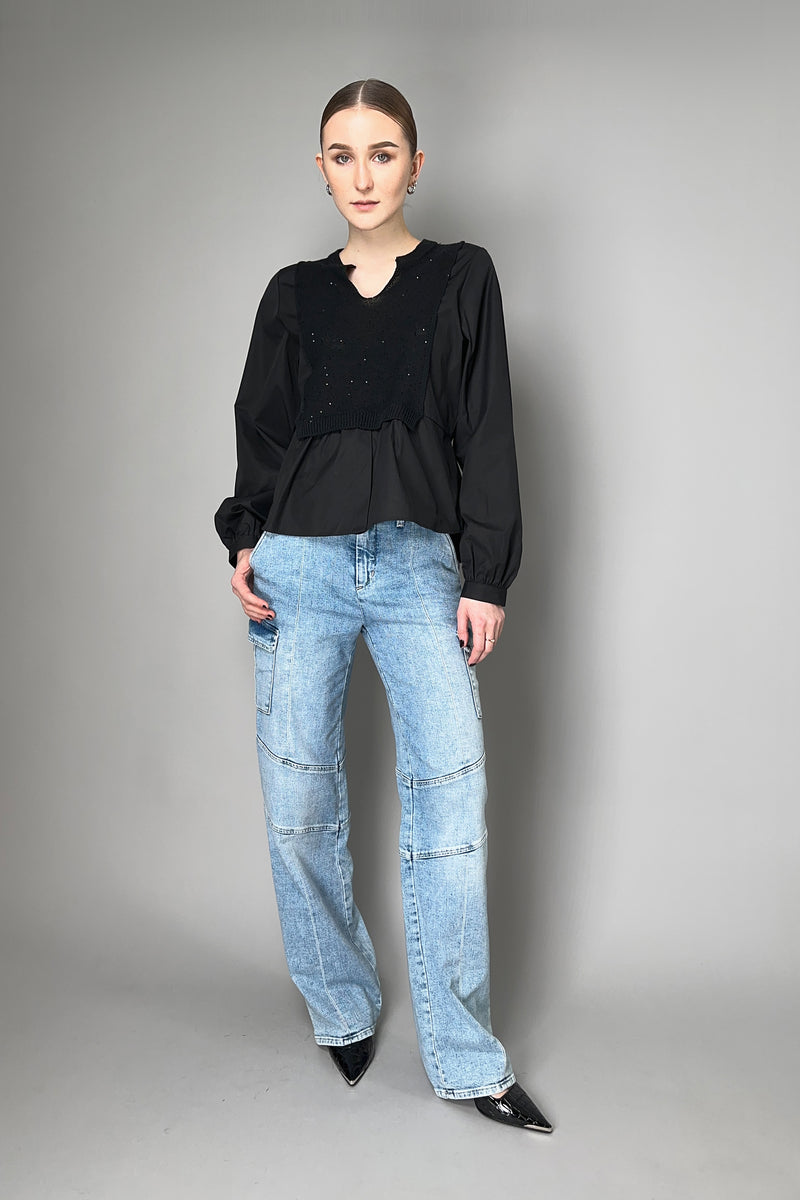 Lorena Antoniazzi Layered Effect Cotton Blouse With Sequin Knit Front in Black