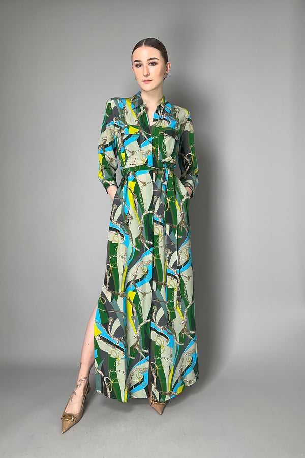 L'Agence Cameron Silk Shirt Dress in Green Multi Belt Swirl Print