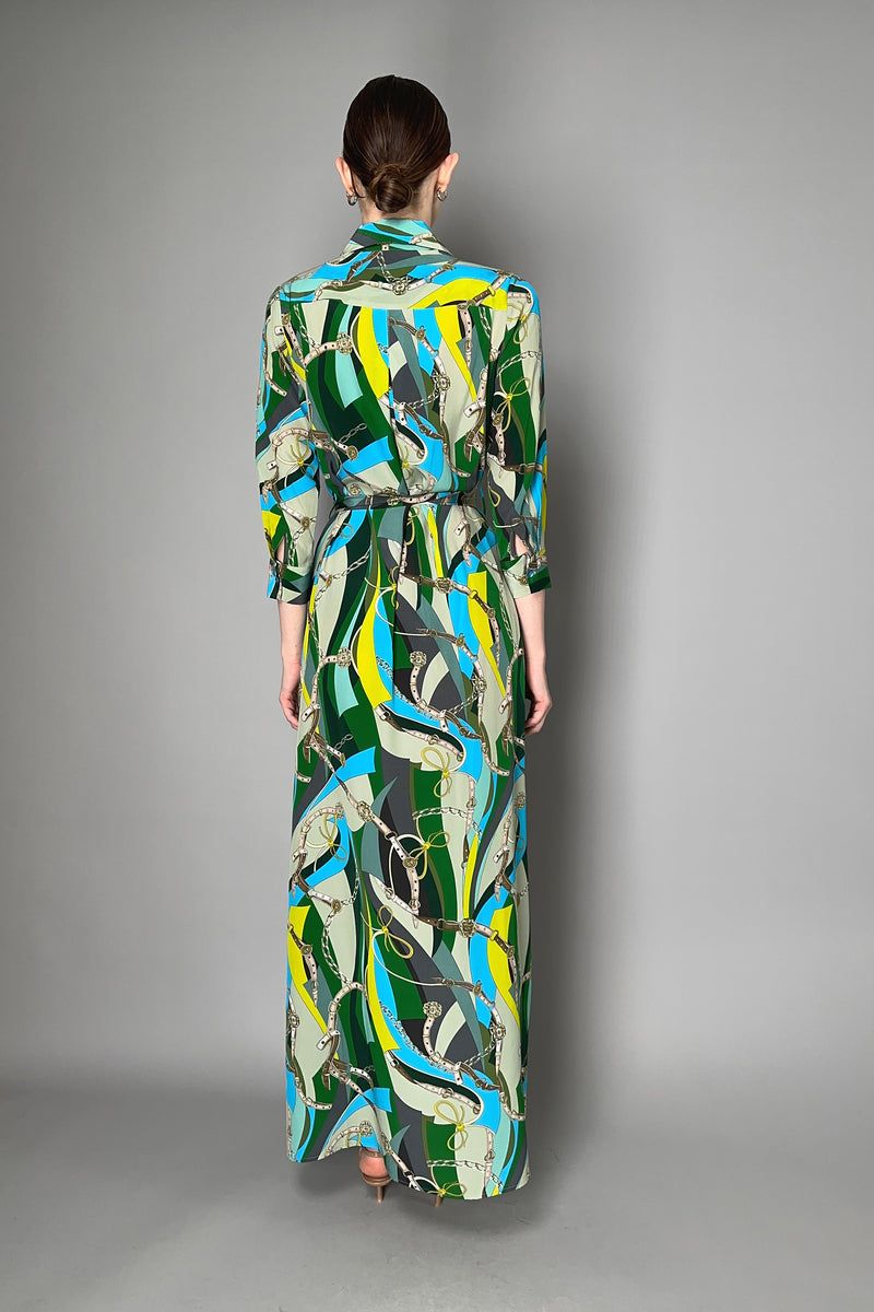 L'Agence Cameron Silk Shirt Dress in Green Multi Belt Swirl Print