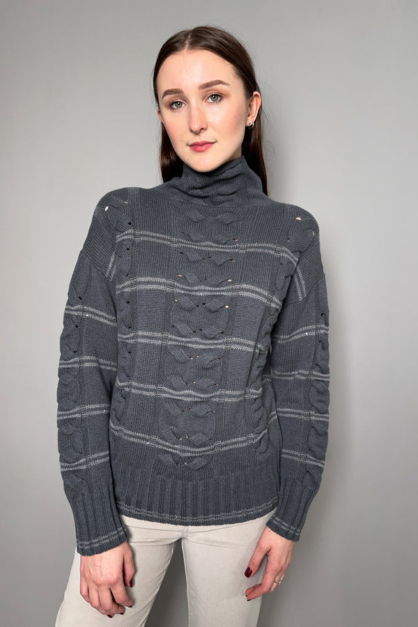 Lorena Antoniazzi Cable Knit Turtleneck Sweater with Stripe Sequin Detail in Charcoal Grey