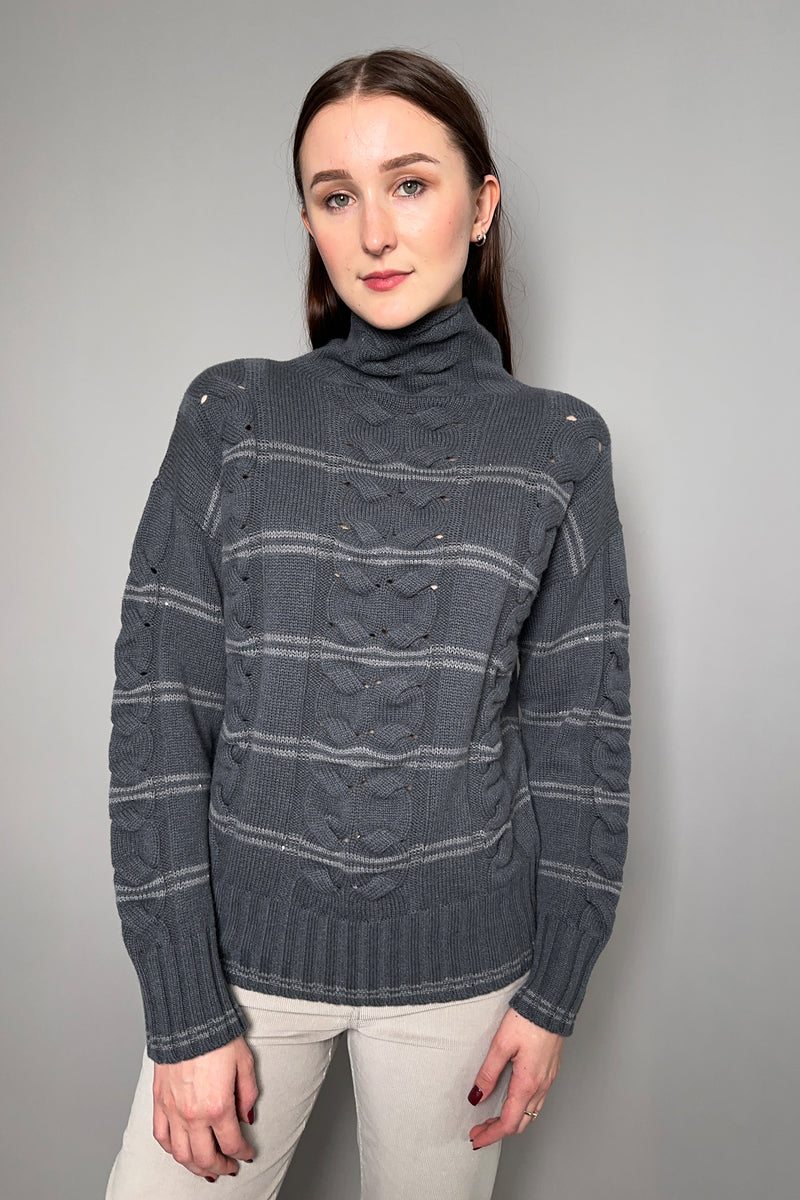 Lorena Antoniazzi Cable Knit Turtleneck Sweater with Stripe Sequin Detail in Charcoal Grey - Ashia Mode - Vancouver BC