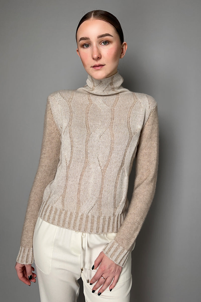 Lorena Antoniazzi Cable Knit Lurex Turtleneck Sweater in Sand- Ashia Mode- Vancouver, BC