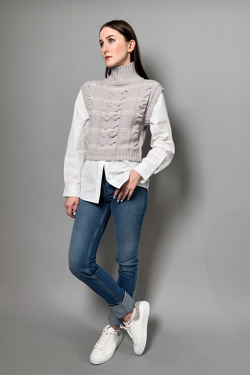 Lorena Antoniazzi Cable Knit Vest with Cotton Shirt in Light Grey